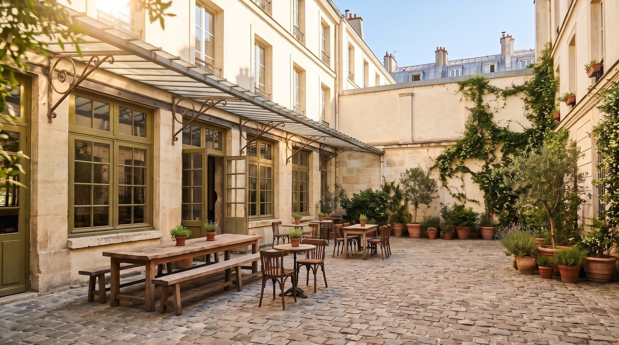 La cour pavée de La Cour au soleil de fin d'après-midi, verrière, grande table en chêne et oliviers en pot