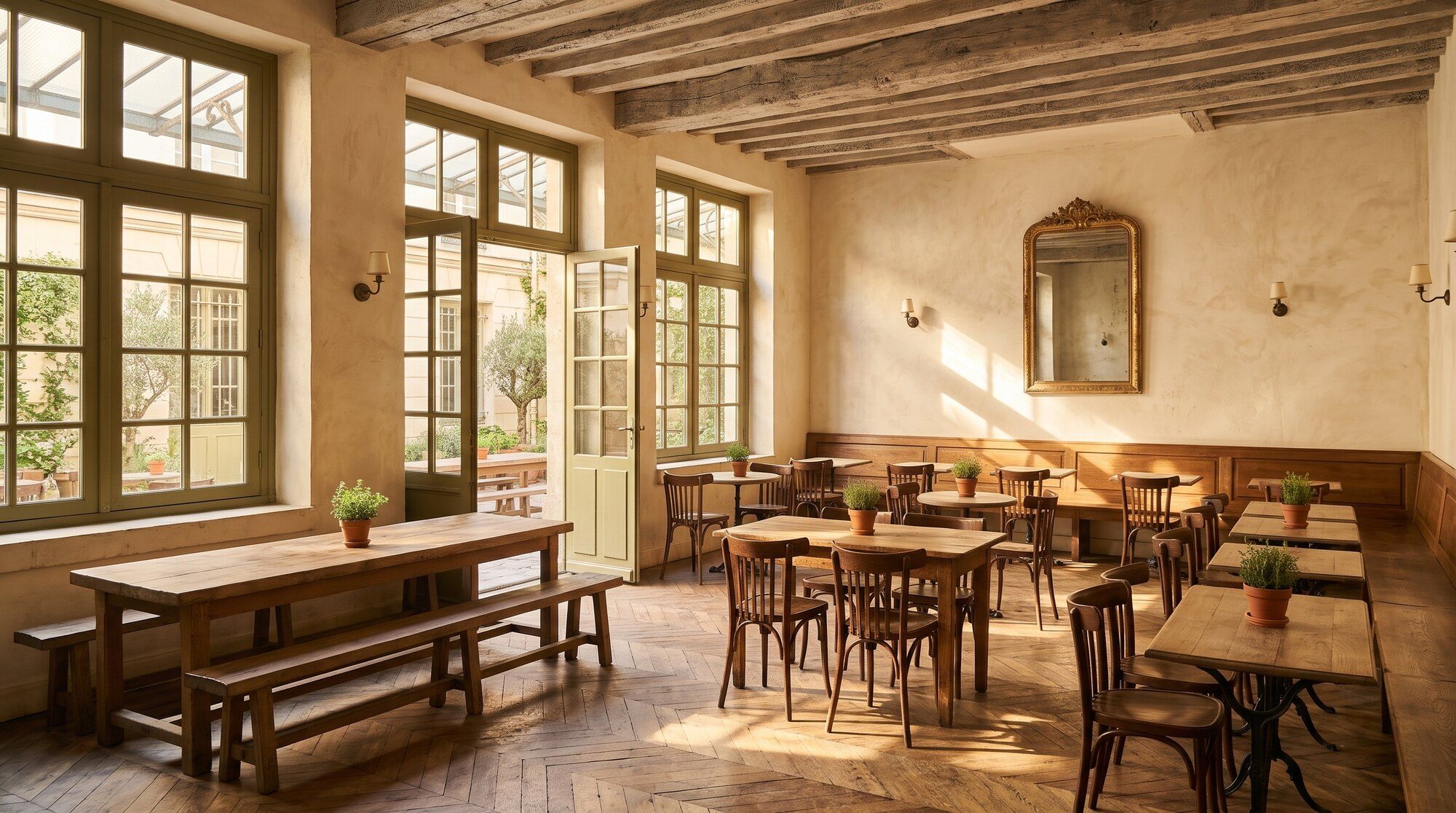 La salle de La Cour, tables en bois dépareillées et portes-fenêtres vert olive ouvertes sur la cour