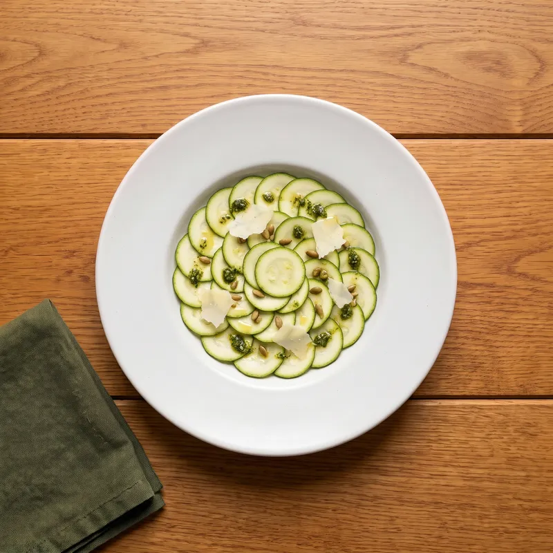Carpaccio de courgettes et copeaux de parmesan AOP, vu de dessus