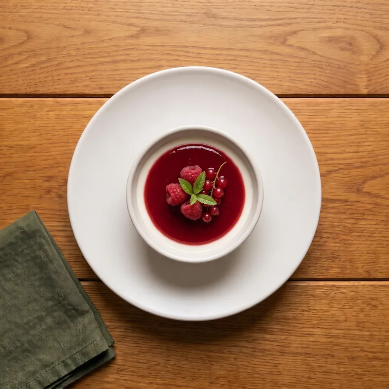 Panna cotta au lait d'amande et coulis de fruits rouges, vu de dessus