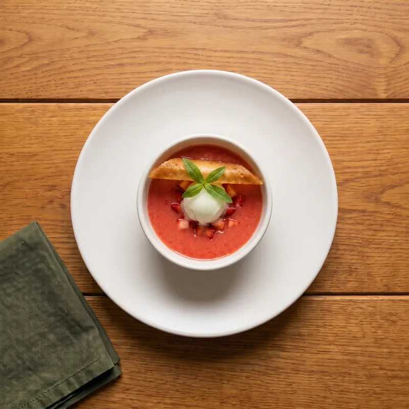 Soupe froide de fraises gariguettes à la verveine, vu de dessus