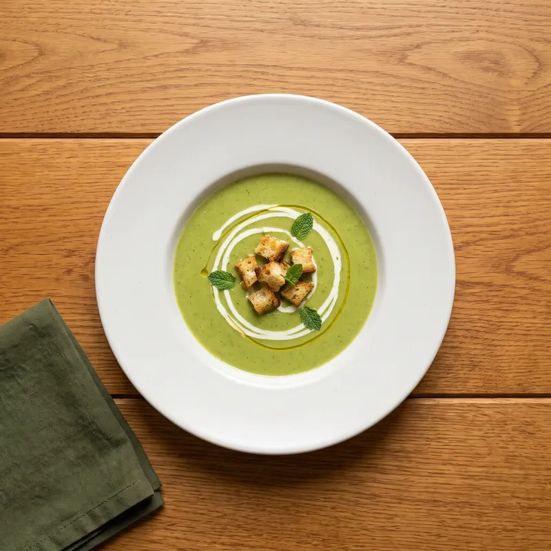 Velouté de petits pois à la menthe fraîche, vu de dessus